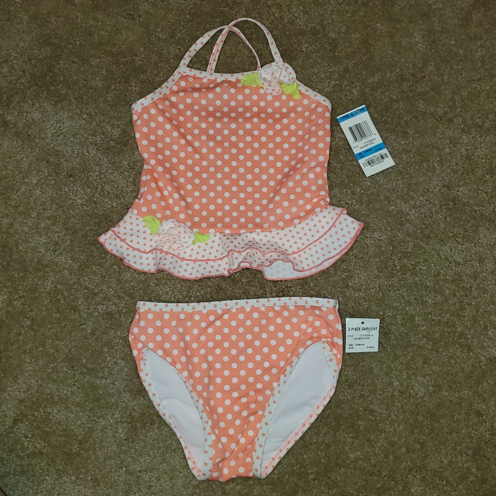 NWT GreenDog Polka Dot Tankini Swimsuit Salmon and White Sz 24 Months